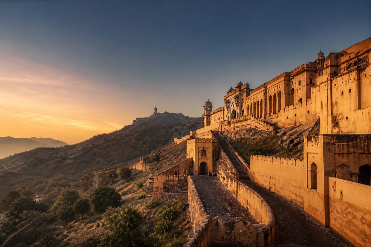 Sunrise over the ramparts of Amer Fort near Jaipur